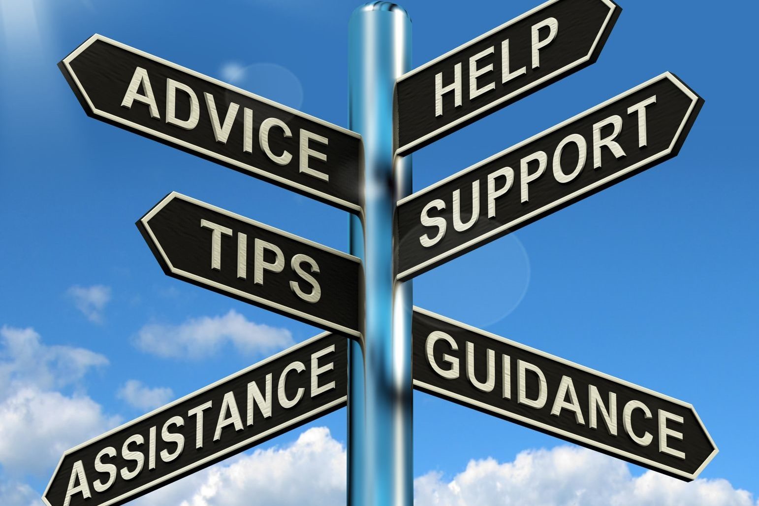 Signpost with directional signs labeled Advice, Help, Tips, Support, Assistance, and Guidance.